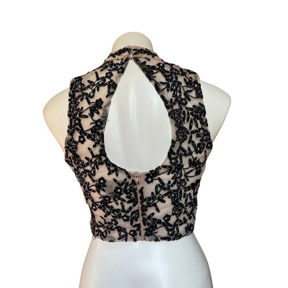 Y2K Corset Bustier Illusion Crystal Mesh Tulle Crop Top Embroidered Black Beige - Picture 2 of 11